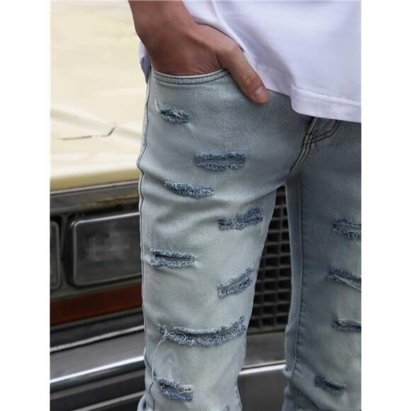 New w Tags Men's Ripped Bootcut Jeans Slim Fit Bell Bottom Ripped Flared Denim - Picture 4 of 6